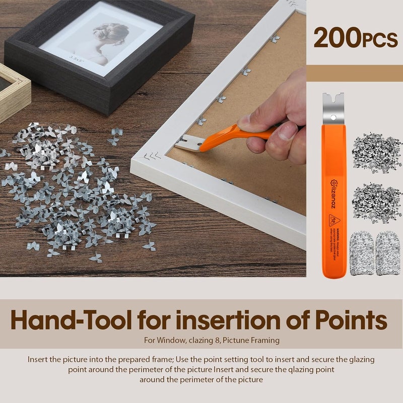 lizenoz Orange color Glazier Point Driver Tool with 200 Glazing Points & 2 Finger Cots - for Framing Glass, Pictures, Cross Stitch - Rust-Resistant Iron/Zinc Push Points, Easy-Grip Handle - Image 2